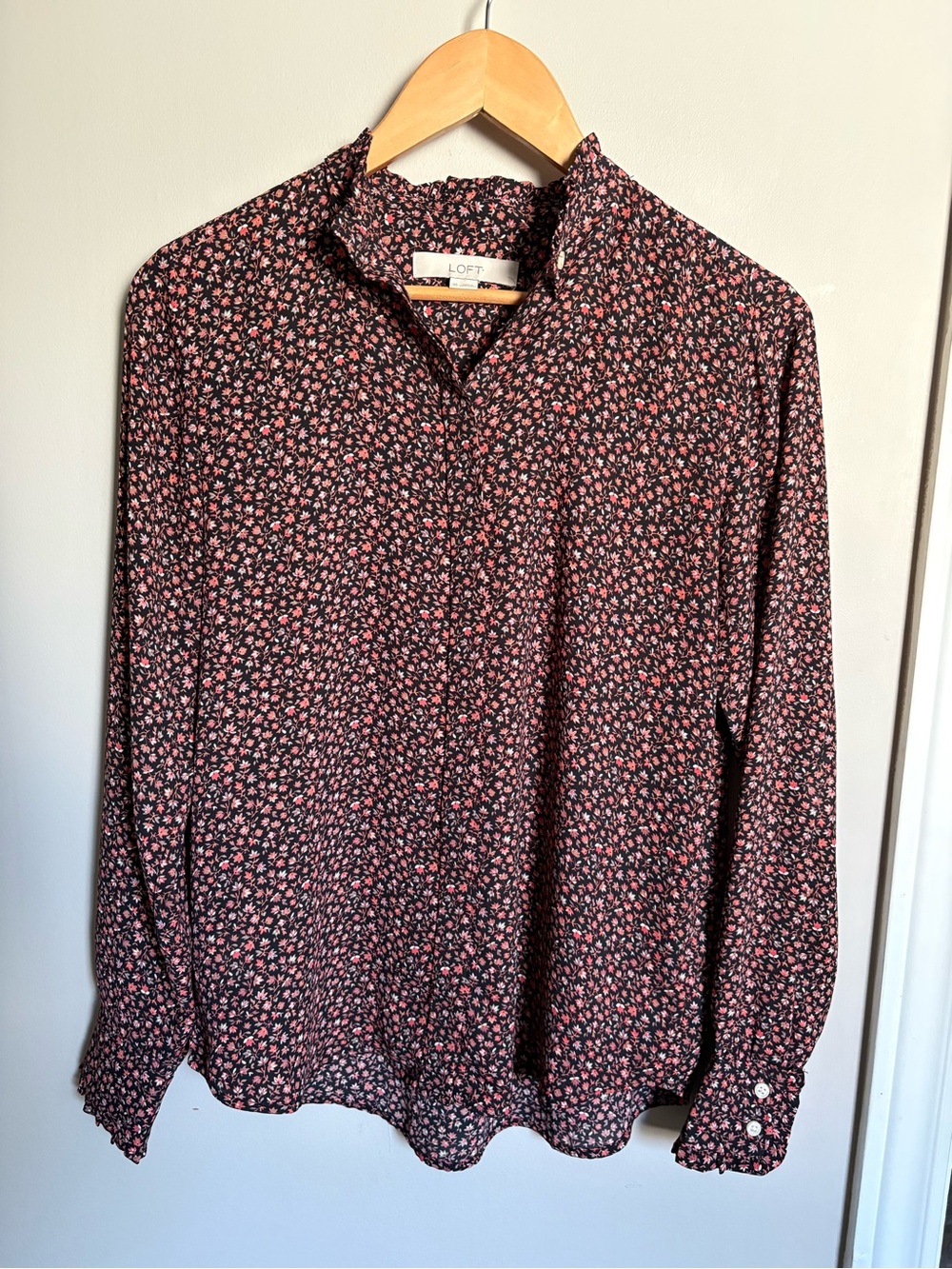 LOFT Black Blouse with Pink Floral Ditsy Print